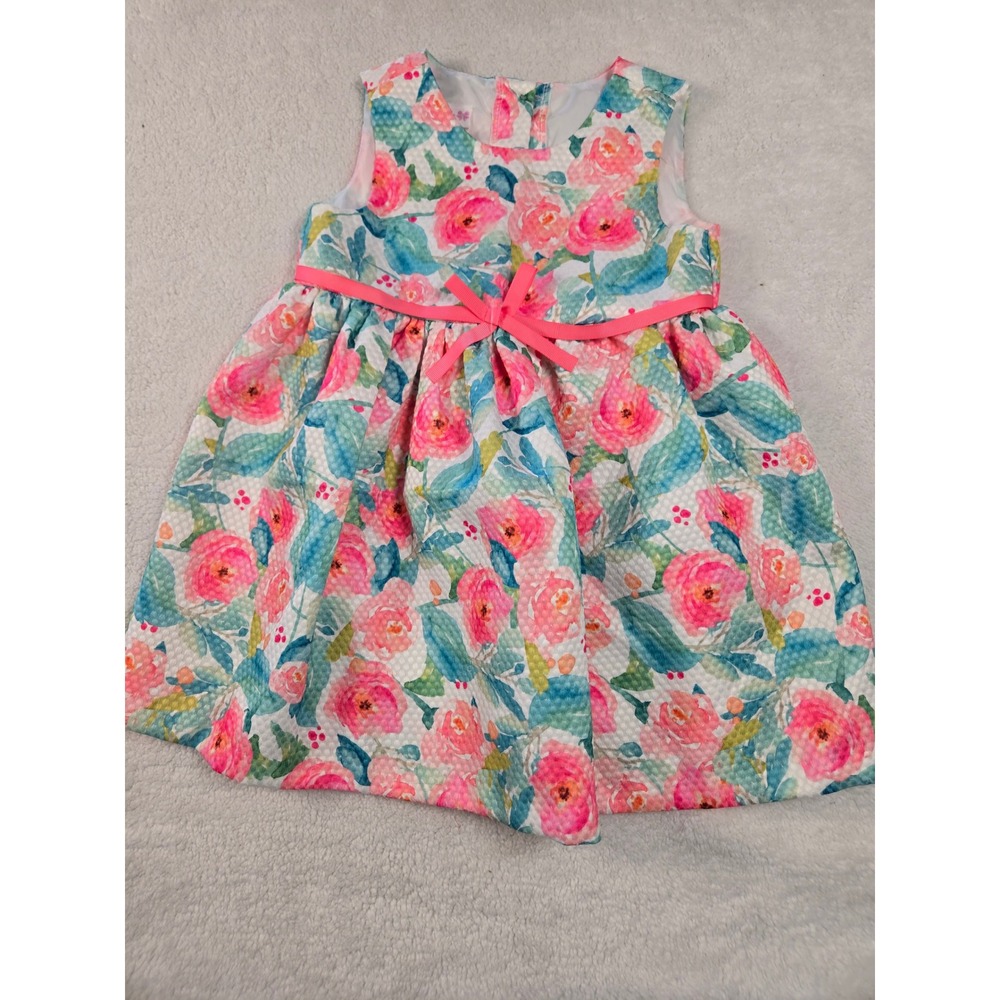 Bonnie Baby Floral Rose Dress Pink Teal Waffle Knit Bow 24 month
L